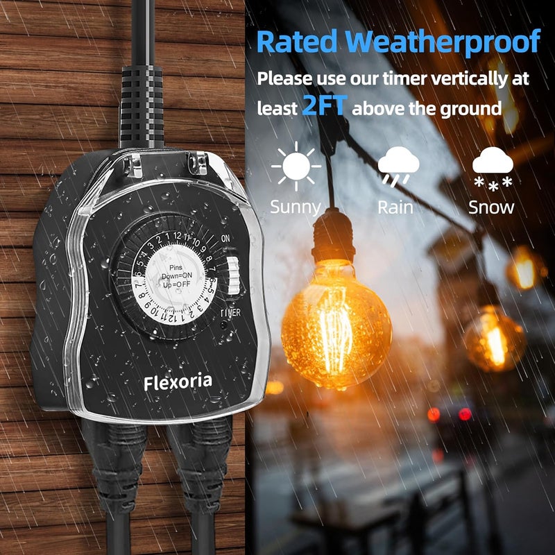 Flexoria Outdoor Timer Outlet Waterproof, 24 Hour Mechanical Plug in Light Timer, 2 Grounded Outlets for Christmas Lights, 15A 1/2 HP, ETL Listed (1 Pack) - Image 5